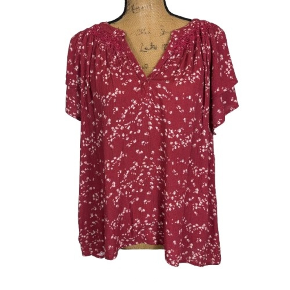Garnet Hill Poetica Smocked Detail Crepe Blouse Red Floral Flutter Sleeve XL